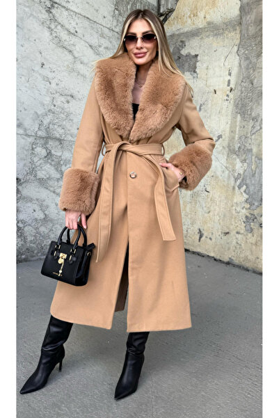 ByRanaBuyuk Camel Sleeve and Collar Fur Coat