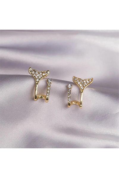 Pelin Aksesuar Fish Tail Pattern - Gold Crystal Double Hoop Earrings