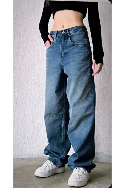 QİSSO Blugi tibetani largi cu talie înaltă, oversize, cu pantaloni albaștri