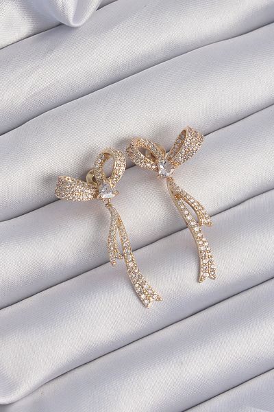 Skygo Brass Zircon Stone DetailedGoldBow Earrings - Tj-bkp9206
