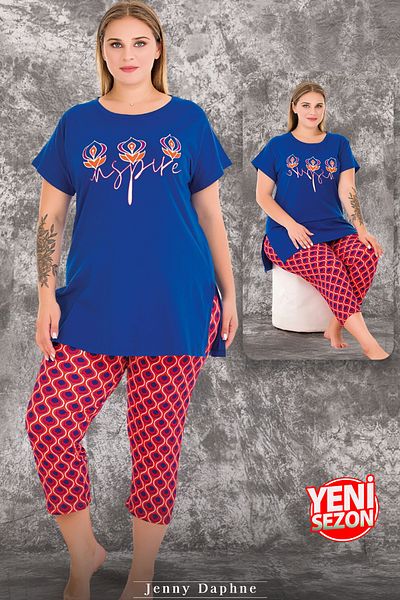 Jenny Daphne Lady Viscose Fabric Plus Size Color Print Short-Sleeve Long Capri Pajamas 10718