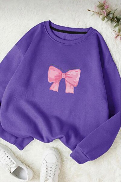 stg spor toptan giyim Women's Purple Ribbon Printed Crew Neck Sweatshirt