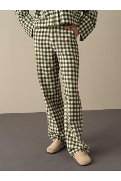 Xint Kadın Yeşil Pamuk Dokulu Oversize Ekose Pantolon