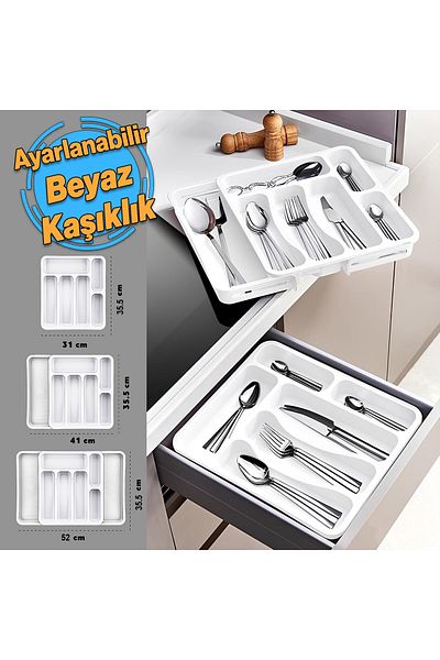 Badem10 Double Sided Adjustable Drawer Spoon Holder White Extendable Cutlery Holder Organizer Ladle Stacker