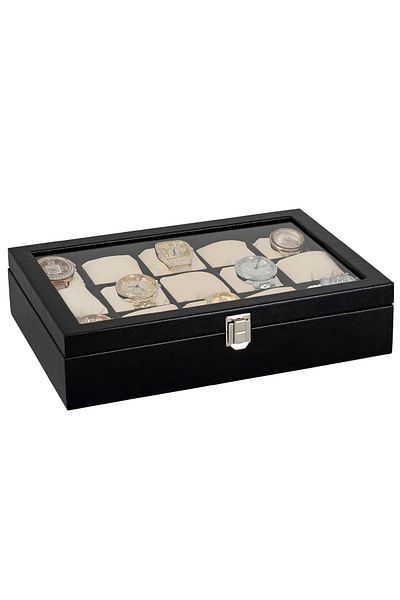 Chavin Black Leather 15 Pieces Glass Watch Box St15-26