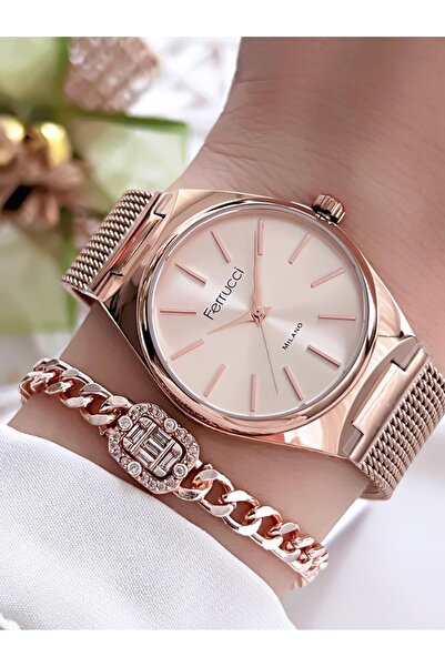 Ferrucci ساعة يد نسائية Ferucci 30 Mt مقاومة للماء باللون الوردي - ضمان 24 شه...