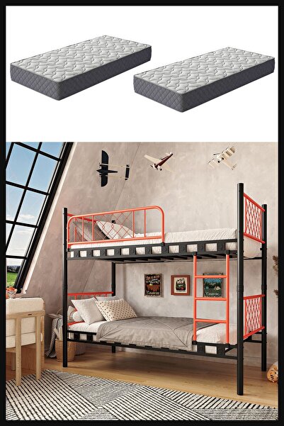 ARGİMO Metis Metal Siyah Turuncu Ranza 2 Adet Prestij Yatak 90x190