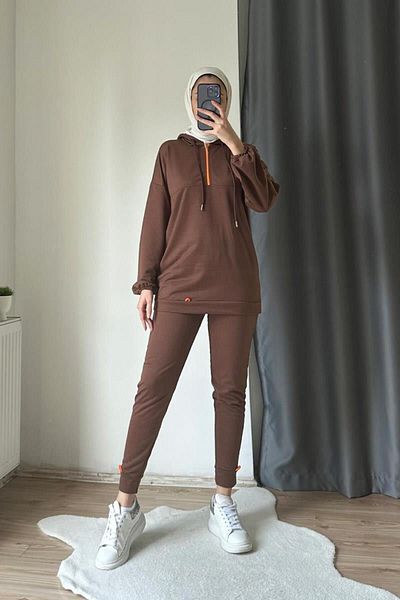 BurcuFashion Σετ φόρμας νέον με κουκούλα - με φερμουάρ, καφέ TRN2040-1