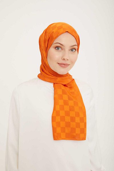 Armine Trend Jacquard Orange Checkerboard Pattern Diamond Shawl 2-21057