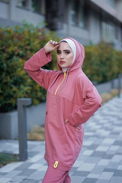 BurcuFashion Σετ φούτερ με κουκούλα με φερμουάρ Neon Trn2040 Σκούρο Γκρι