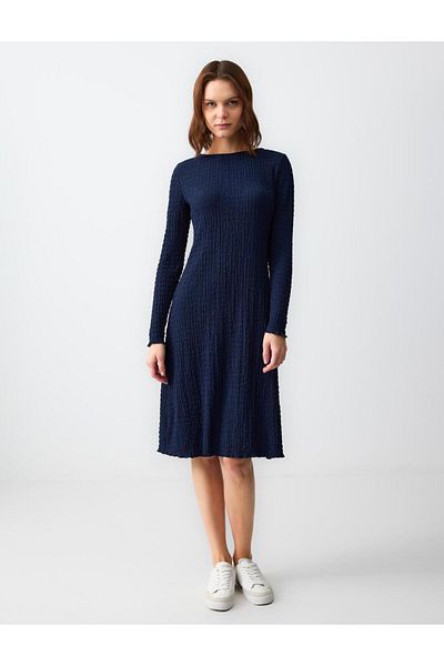 Jimmy Key Navy Blue Round Neck Long Sleeve Print Knitted Midi Dress
