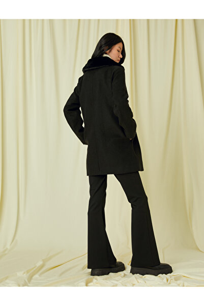 Koton Plyšový detailní vlněný kabát na zip - odnímatelný límec