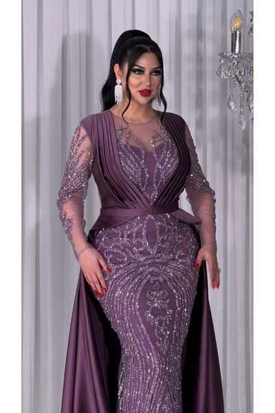 ZENABİYEM Zena Fashion Special Design Sprayed Stone Detailed Satin Train Evening Dress