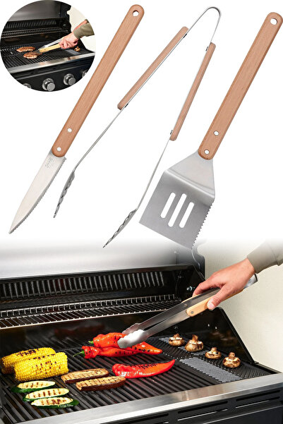 Binbirreyon Ahşap Saplı Mangal Aksesuar Seti 3 Parça Maşa Spatula Bıçak AF076