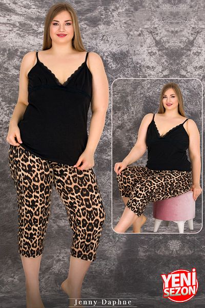 Jenny Daphne Plus Size Leopard Print Viscose Capri Pajamas Set - Hanging Neck 10712