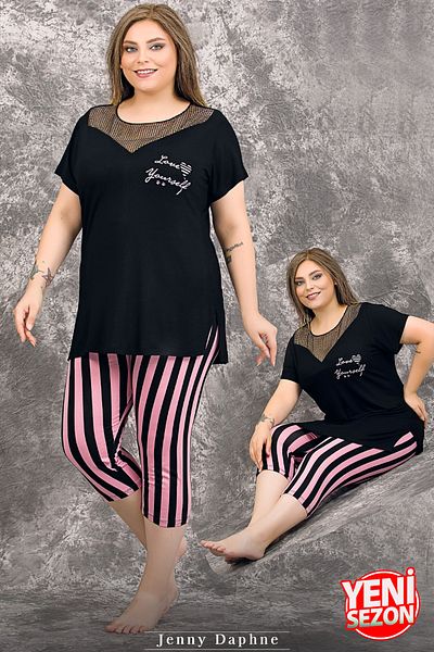 Jenny Daphne Plus Size Stripe Viscose Capri - Tulle Detail Lapel, Short Sleeve, Long Sleepwear Suit 10719