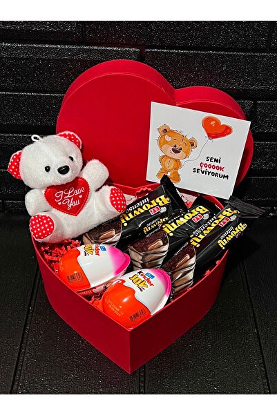 ZEUS_OLİMPOS Sevgiliye Hediye Kalp Kutuda Kalpli Beyaz Ayıcık - Browni Intense Ve Kinder Joy Çikolatalar