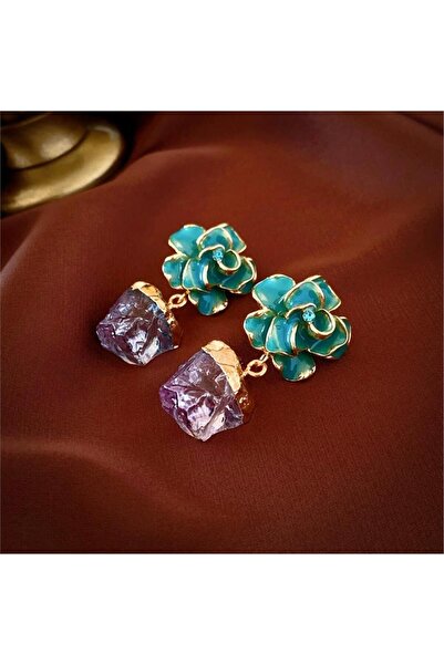 Pelin Aksesuar Yeşil Çiçekli Mor Kristal Görünümlü Küpe