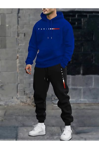 DAXİS Sportwear Company Men's Paris Printed Hooded Tracksuit Set - Relaxed Fit Plus Size Tracksuit Set