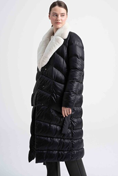 Lebeni Şişme Mont Kadın - Mevsimlik Kürklü Puffer Uzun Siyah Mont Kapitone Kü...