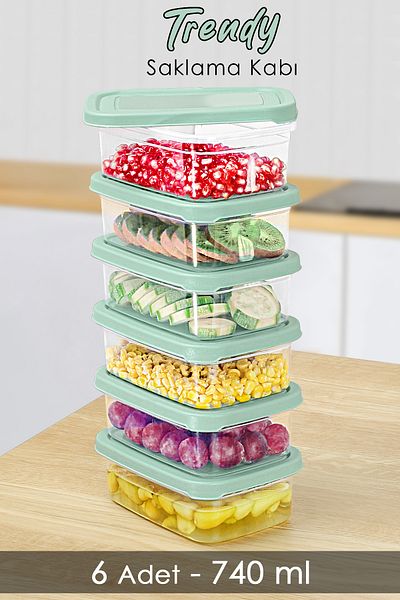 Meleni Home 740ml Green Microwavable Organizer Organizer - 6 Pcs Rectangular Food Storage Container