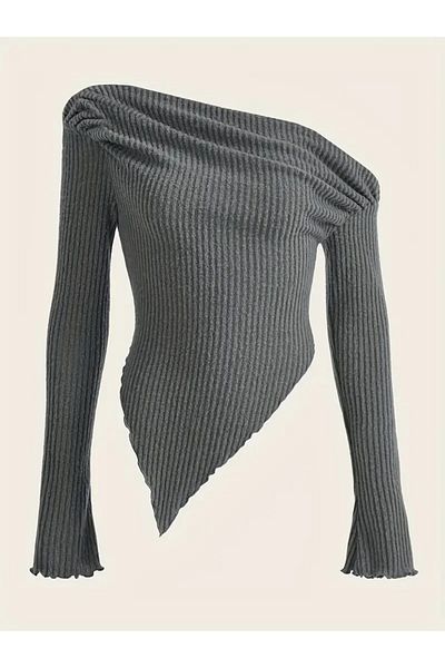 Eco Sense Women's One Shoulder Open Long Sleeve, Asymmetrical Stretchy Fabric Blouse