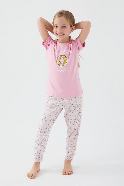 Rolypoly Donut Pattern Pink Girl's Short Sleeve Pajama Set