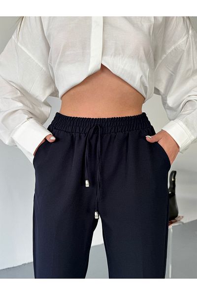 COMBİNE MİCHAİL Γυναικείο παντελόνι Palazzo Navy Blue με κορδόνι Lycra και ελαστική μέση