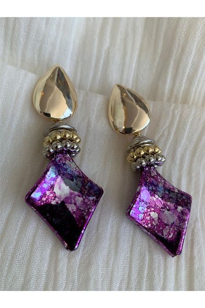 Pelin Aksesuar Marbled Purple Rectangular Beaded Gold Drop Design Earrings