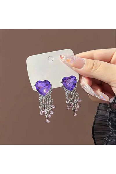 Pelin Aksesuar Purple Pink Jewelled Heart Patterned Earrings