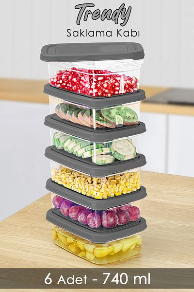 Meleni Home 6 Pieces Gray Rectangular Food Storage Container - 740ml Microwavable Organizer