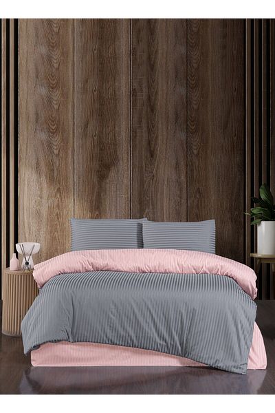 DENİZLİ ÇEYİZ Turquoise Satin Duvet Cover Set - Double Sided Stripes, Powder Gray
