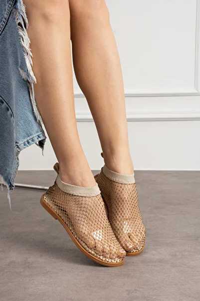 DABAB AYAKKABI Women's Beige Mesh Stone Detailed Elastic Oliva Model Flat Sole Slippers Sandals