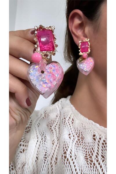 Pelin Aksesuar Pembe Şeker Kalp Tasarım Küpe