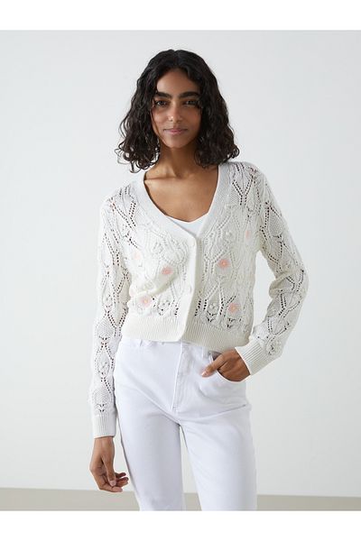 LC Waikiki Damen-Strickjacke mit V-Ausschnitt und Blumenmuster