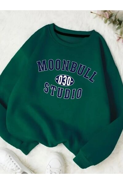 MOONBULL Унисекс овърсайз студио суитшърт с велосипедна яка и принт