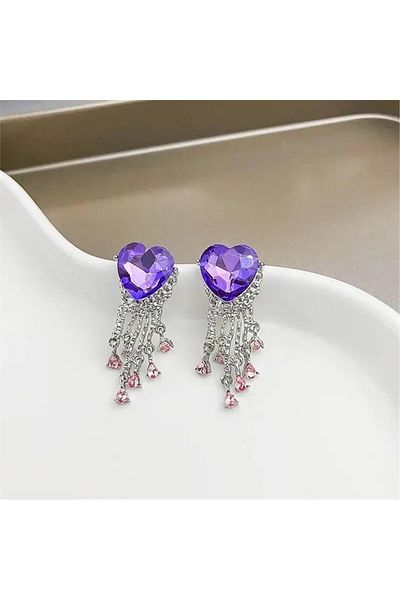 Pelin Aksesuar Purple Pink Jewelled Heart Patterned Earrings