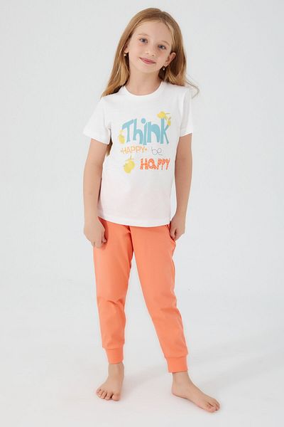 Rolypoly Think Happy Be Happy Cream Girls Short Sleeve Pajamas Set