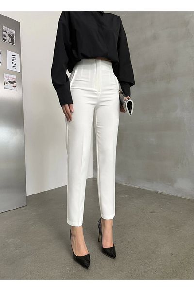 Asfa Moda Women's White Pleated Waist Seated Recovery Button-Free Palazzo Pants