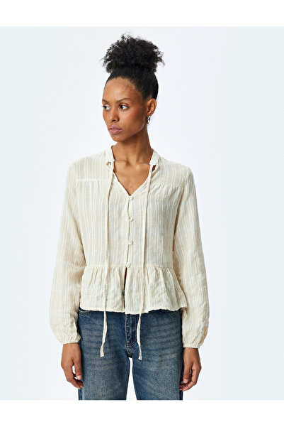 Koton Blúzka s dlhým rukávom a gombíkom z ľanovej zmesi s textúrou mandarínkového goliera