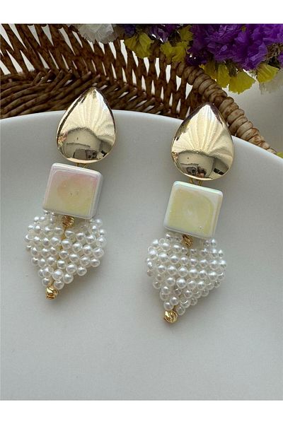 Pelin Aksesuar Heart and Cube Design Pearl Earrings