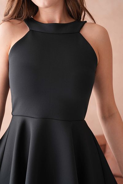 WOMAN VISION Rochie mini evazată fără mâneci din țesătură de scufundări elastică neagră pentru femei 2165