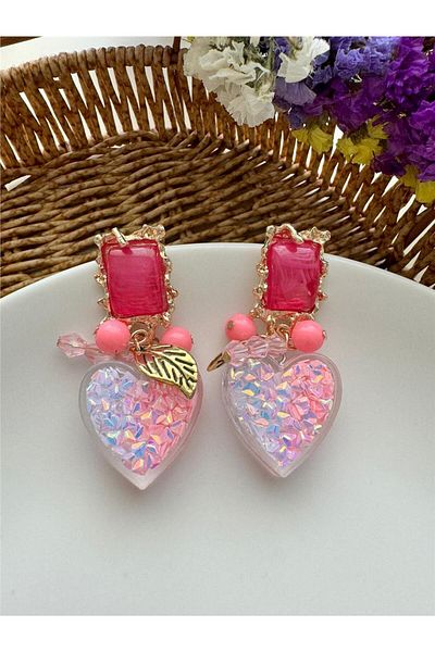 Pelin Aksesuar Heart Design Pink Candy Earrings