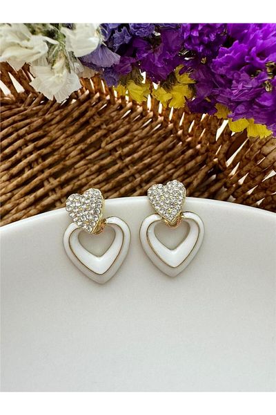 Pelin Aksesuar Heart Patterned White Stone Earrings