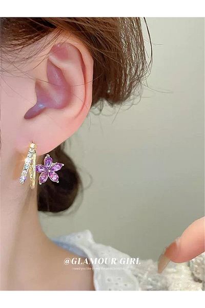 Pelin Aksesuar Purple Flower Patterned Earrings