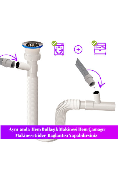 GÜÇLÜ Çift Çamaşır ve Bulaşık  Makinesi için Körüklü Lavabo Sifonu(Çift Giriş...