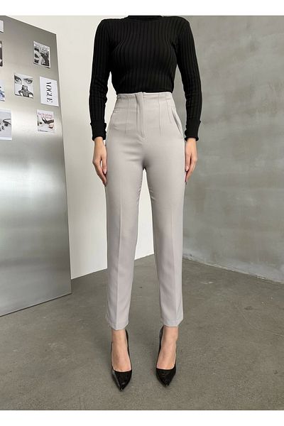 Asfa Moda Women's Gray Pleated Waist Seated Recovery Button-Free Palazzo Pants