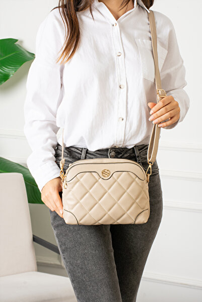 Morpelikan Sand Beige Quilted Embroidered Women's Shoulder Bag