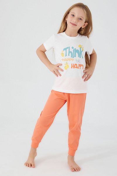 Rolypoly Think Happy Be Happy Cream Girls Short Sleeve Pajamas Set