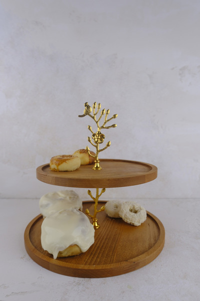 justwood 2 Katlı 25/30 cm Gold BAHAR Ahşap Kek Sunum Standı, Servis Sunum Tabağı, İkramlık